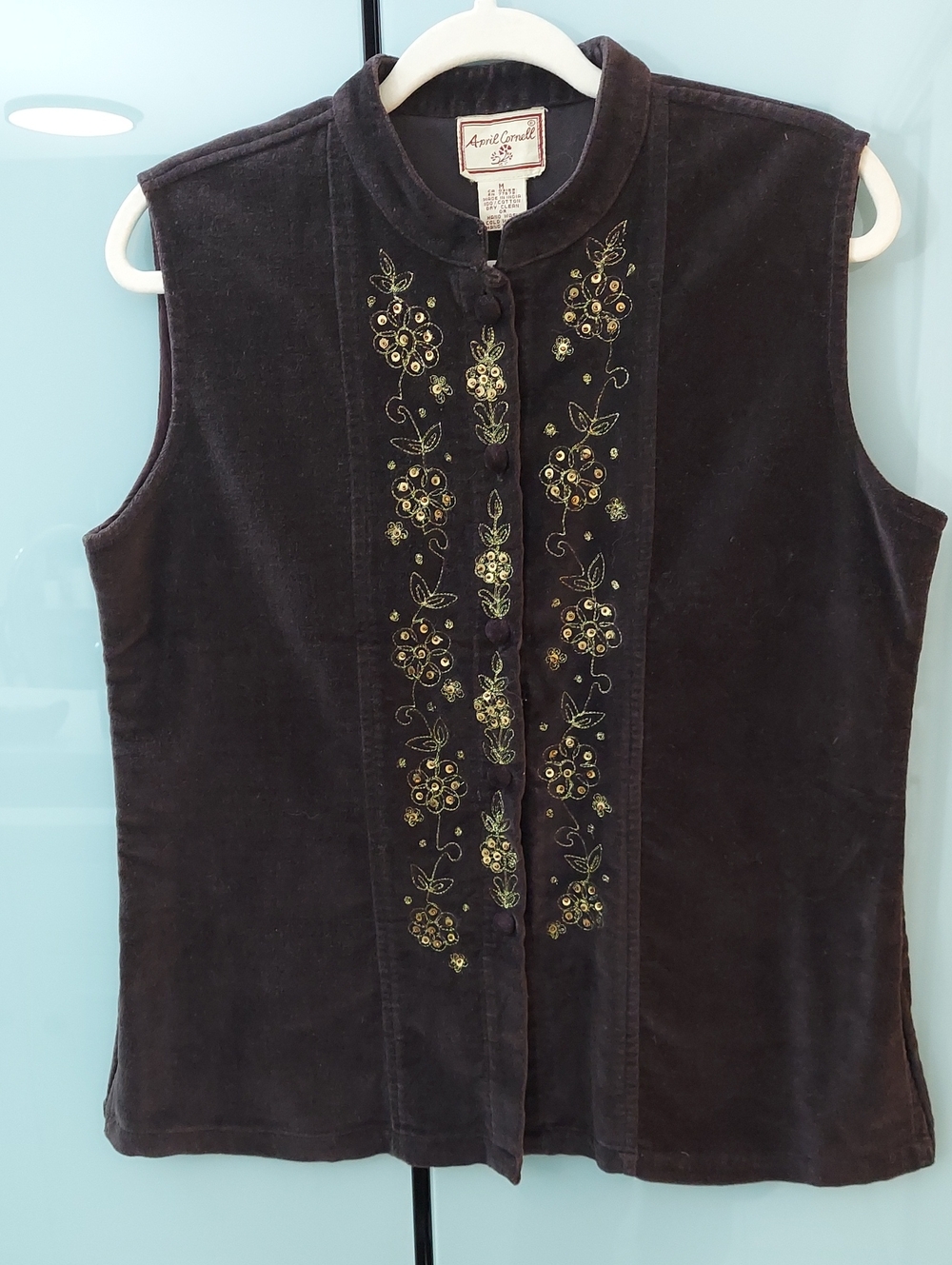 April Cornell Vest, Size M, Velvet Brown, Vine Embroidery, Buttons